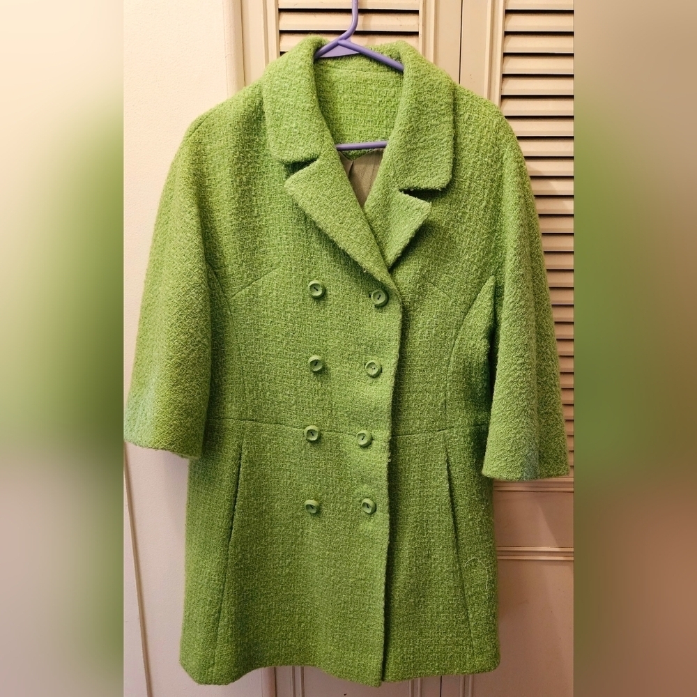 Vintage Miller Schulman Green Double-Breasted Spring Wool Coat, Med, 3/4 Sleeve